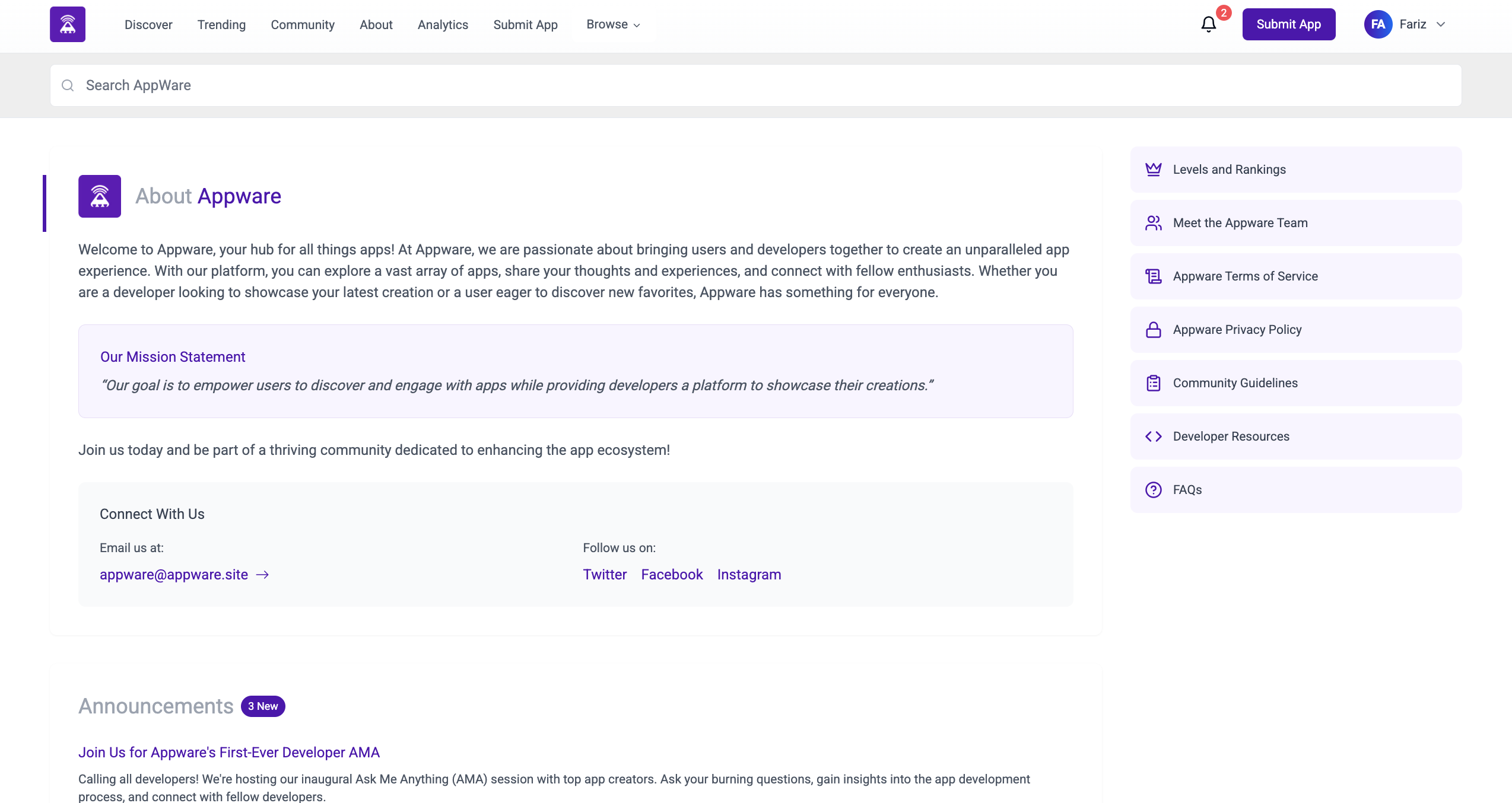 Appware Application Network platform dashboard